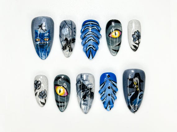 KPop Demon Hunters Press On Nails | Moonlit Demon Forest Nail Art | Handmade Fantasy KPop Nail | Long Stiletto Demon Hunter Nails | JB108HC