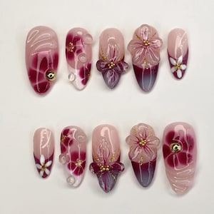 3D Elegant Floral Nail Art | Handcrafted Pink - Burgundy Gradient |3D Flowers - Rhinestone Accents| Perfect for Special Occasions|JC349SL
