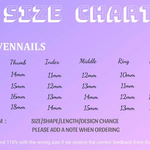 May include: A size chart for SevenNails, with nail measurements in millimeters. The chart includes sizes XS, S, M, and L, with corresponding thumb, index, middle, ring, and pinky finger measurements. The chart is on a lavender background.