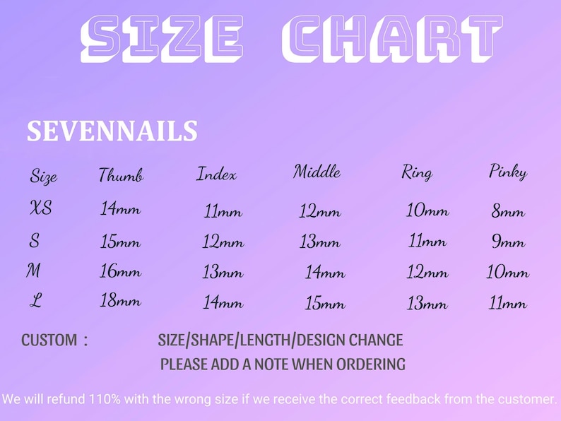 May include: A size chart for SevenNails, with nail measurements in millimeters. The chart includes sizes XS, S, M, and L, with corresponding thumb, index, middle, ring, and pinky finger measurements. The chart is on a lavender background.