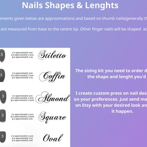 May include: A chart showing five different nail shapes: stiletto, coffin, almond, square, and oval. Each shape is shown in three sizes, with approximate measurements in centimeters. The text "The sizing kit you need to order depends on the shape and lenght you'd like!" is also included.