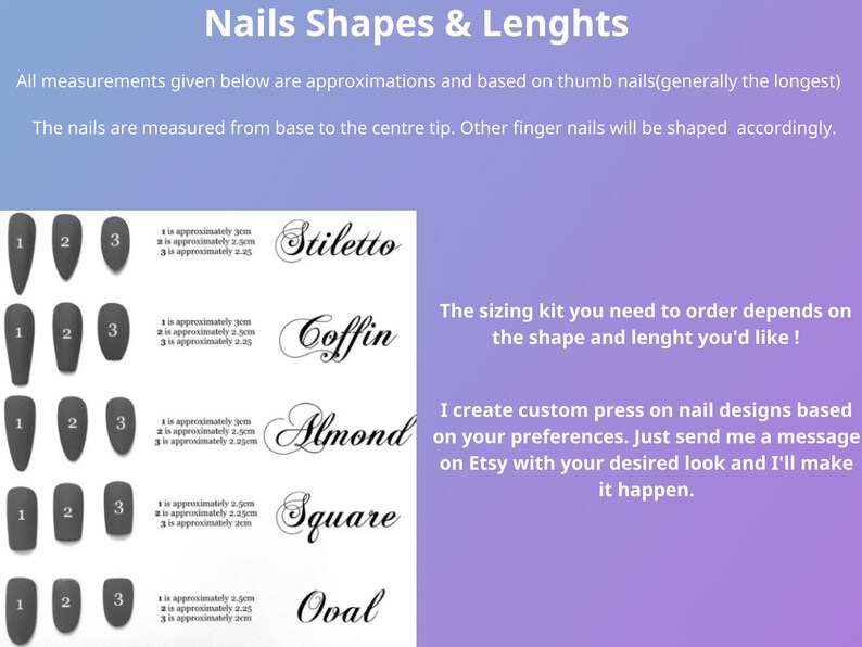 May include: A chart showing five different nail shapes: stiletto, coffin, almond, square, and oval. Each shape is shown in three sizes, with approximate measurements in centimeters. The text "The sizing kit you need to order depends on the shape and lenght you'd like!" is also included.