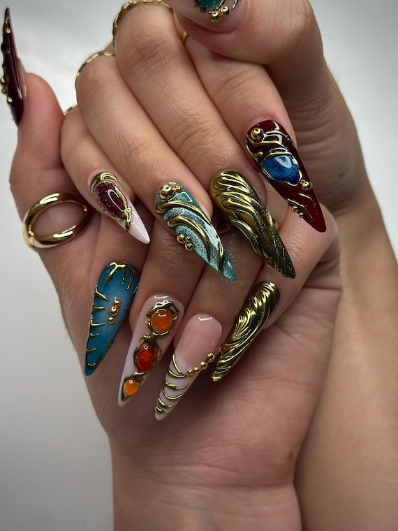 3dネイル Colorful 3D Texture Press on Nails | 3D Gemstone Royalty Nail Art