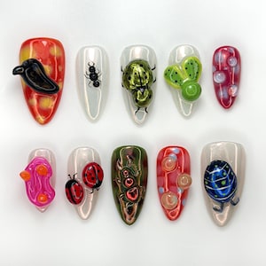 Creepy Cute Insect Press On Nails | 3D Bug Nail Art | Halloween Spider Ladybug Beetle Nails | Funky Mixed Bug Design| Bold Nail Set |JB970HK