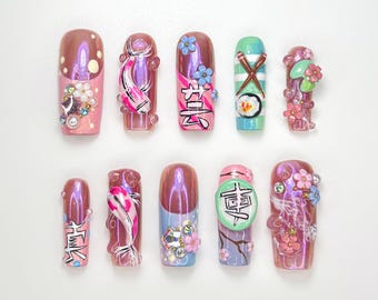 Sakura Japanese-Inspired Press On Nails | 3D Floral & Lantern Nail Art | Pink Iridescent Nails | Koi Nature Nail Set | JB126HC