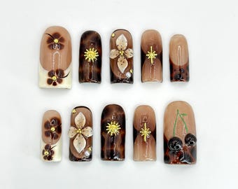 Luxurious Tortoiseshell Press-On Nails | Fun Space and Floral Details | Hand-Painted Brown and Gold Nails with Cherry Details | JC609HK