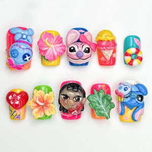 Uñas postizas Hawaianas de Lilo & Stitch / Uñas tropicales de verano en 3D / Diseño de uñas kawaii con dibujos animados / Set de uñas vacacionales / Estilo playero / JA871HC