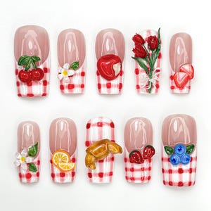 Picnic Summer Vibe Press On Nails | Gingham French Tips | 3D Fruit & Floral Nail Art | Cherry Croissant Nails | Cottagecore Nails | JB899HK