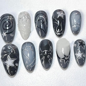 Stunning Acubi-Style Nails | Deep Blue Ombre Press On Nails | Sparkling Gemstones | Press on Nails | Almond Nails | JC419S