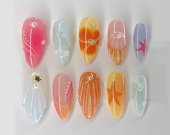 Ocean Theme Press On Nails | Starfish, Shells, Coral Designs | Hand-Painted Underwater Press Ons | Vibrant Stunning Oceanic Summer | JC378A