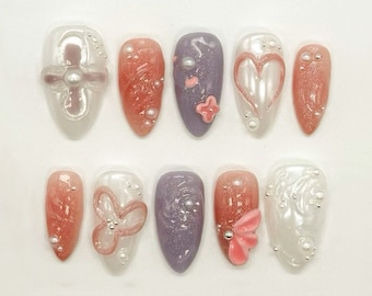 3D Dry Orchard Flower Press On Nail | Custom Handpainted Acrylic Spring Fake/False Nail | Floral Nails | Fairy Tale Fairycore Nails | JC175S