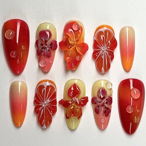 Summer Blossom Press On Nails | Tropical Sunset 3D Gel Floral Ombre Nail Art | Custom Handmade Floral Nails | Dreamy Almond Nails | JB403A