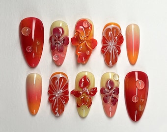 Summer Blossom Press On Nails | Tropical Sunset 3D Gel Floral Ombre Nail Art | Custom Handmade Floral Nails | Dreamy Almond Nails | JB403A
