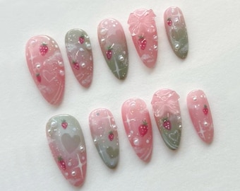 Dreamy Strawberry Garden Press On Nails | Stand Out with 3D Gel Nail Set | Dreamy Garden on Your Fingertips | J188