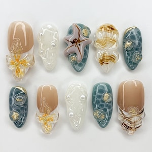 Ocean-Inspired Press On Nails Almond | 3D Beach Theme with Seashells and Starfish | Handmade Pearls Press On Nails for Summer Vibes |JB393AV
