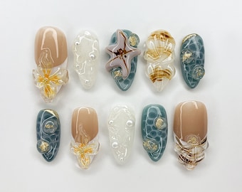 Ocean-Inspired Press On Nails Almond | 3D Beach Theme with Seashells and Starfish | Handmade Pearls Press On Nails for Summer Vibes |JB393AV