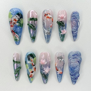 Koi Pond Bliss Nail Art | Koi Floral Acrylic Nails | Serene Waters Nail Art | Blossoming Fake Nails | Fairy Garden Koi Nails | JB465AV