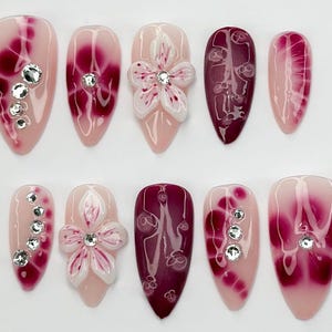 Hand Painted Press On Nails | Floral Accent Nails |3D Flowers - Rhinestone Accents| Perfect for Special Occasions|JB740LK