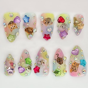 Kitty Charm Press On Nails | Cute Cat Nail Art with Rhinestones | Custom Cat Nail Designs | Cute and Sparkly Pet Nail Art | JC528HC