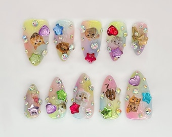 Kitty Charm druk op de nagels | Cute Cat Nail Art met strassteentjes | Aangepaste kattennagelontwerpen | Leuke en sprankelende nailart voor huisdieren | JC528HC
