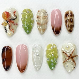 Jelly Ocean-Inspired Nail Art | 3D Beach Theme with Seashells and Mermaid Design | Handmade Press Ons for Summer Vibes |JB400AG
