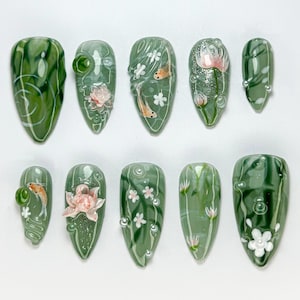 Green Forest Koi Press-On Nails | Handmade Koi Fish Nail Set | Green Floral & Marble Press-Ons | Glossy Press-On Nail Set | JB723HK