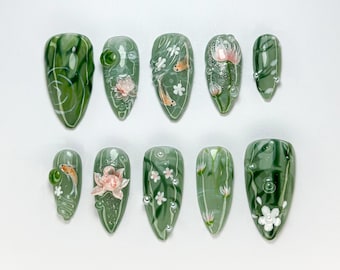 Green Forest Koi Press-On Nails | Handmade Koi Fish Nail Set | Green Floral & Marble Press-Ons | Glossy Press-On Nail Set | JB723HK