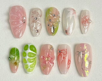 Dreamy 3D Flowers Almond Press On Nails | 3D Fairycore Nails | Dreamy Nails for Birthday, Holiday, Event, Party, Spring Nails | JC174S
