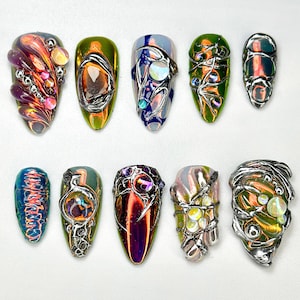 Edgy Metallic 3D Press-On Nails | Holographic Gem Nail Design | Metallic Chrome Nail Set | Chrome Press-On Nail Set | JB688HC