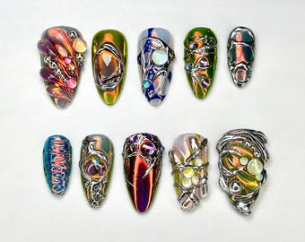 Edgy Metallic 3D Press-On Nägel | Holographische Gem Nagel Design | Metallic Chrom Nagel Set | Chrome Press-Nagel-Set | JB688HK