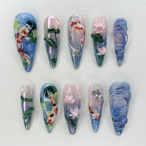 Koi Pond Bliss Press On Nails | Koi Floral Acrylic Nails | Serene Waters Nail Art | Blossoming Fake Nails | Fairy Garden Koi Nails | JB465AV