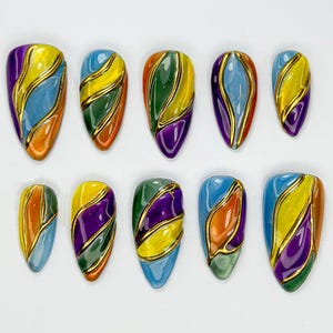 Abstract Stained Glass Press-On Nails | Colorful Handmade Nail | Vibrant Color Pop Nail | Modern Nail Art Design | Unique Nail Set | JB734HK