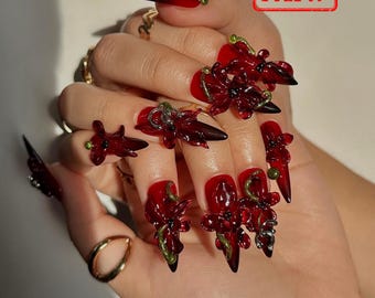 Crimson Orchid Luxury Press On Nails | 3D Dark Floral Nail Art | Red & Black Stiletto Nails | Gothic Glam Press Ons | Party Nail Set|JB113HK