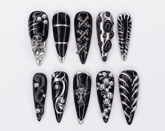 Dark Gothic Chic Press On Nails | Cool Goth Edgy Skull and Bones Design | Black and Silver Skull Nail Art | Perfect for Halloween | JC450A