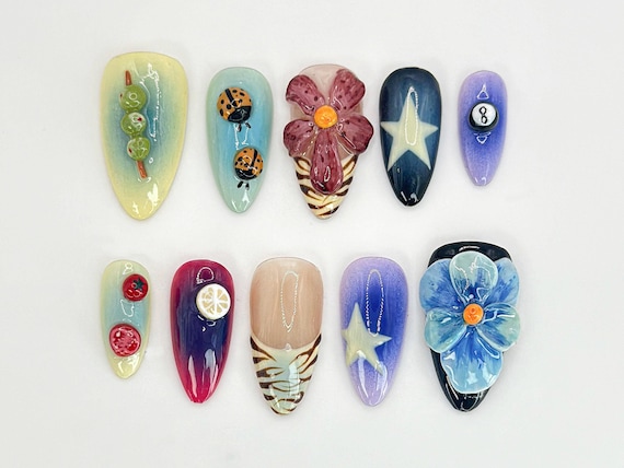 Whimsical Nature Mix Press On Nails | Durable and Stylish False Nails | Vegan and Cruelty-Free Nail Set | Unique Nail Art | JB526HK