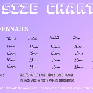 May include: A size chart for nail tips, showing the measurements in millimeters for each finger: thumb, index, middle, ring, and pinky. The chart includes sizes XS, S, M, and L, as well as a custom option. The text "SEVENNAILS" is at the top of the chart.