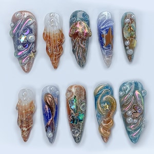 Free Style Chrome Press On Nails | Custom Colorful 3D Metallic Jellyfish Gel Nail Art | Blue & Orange Ombre Handpainted Nail Set | JB335AL