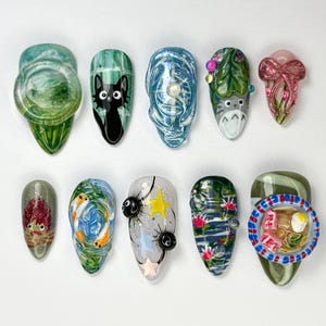 Cute Totoro-Inspired Press-On Nails | Studio-Inspired Press-On Nail Art | Handcrafted Anime Nail Design | Forest Spirit Nail Art | JB709HC
