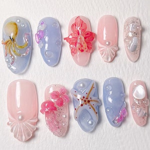 Jelly Ocean-Inspired Press On Nails Almond | 3D Beach Theme with Seashells and Starfish | Handmade Press On Nails for Summer Vibes | JB337A