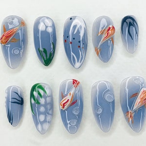 Jelly Koi Fish Press On Nails | Dreamy Ocean-inspired Nail Art | Marine 3D Gel Nail Set, Fish, Bubbles in Fake Nails | Almond Nails | JC195A