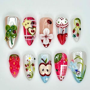 Handcrafted Apple Strawberry Press On Nails | Cute Picnic Press Ons | Red Gingham Cottagecore Nails | Kawaii Nature Press Ons | JB969EC