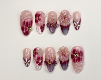 Elegant Floral Press-On Nails | Handcrafted Pink - Burgundy Gradient |3D Flowers - Rhinestone Accents| Perfect for Special Occasions|JC349SL