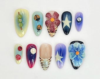 3D Floral & Fruit Press On Nails | Durable and Stylish False Nails | Vegan and Cruelty-Free Nail Set | Unique Nail Art | JB526HK