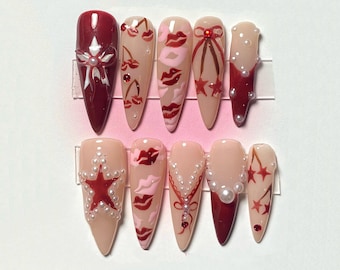 Red Cute Press On Nails | Heart and Lips Handpainted Nail Art | Valentine's Day Nail Set| Romantic Nail Designs| Gift For Her Nails| JC146A