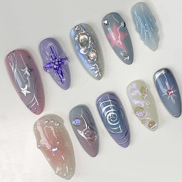 Freestyle 3D Gel Nails: Trendy Press On Nails with Unique Designs | Gel X Nails | Handcrafted Press On Nails| Almond Nails | J37