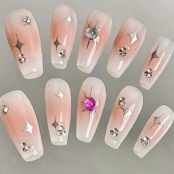 Jelly Coral Ombre Coffin Press On Nails | Feminine Elegance: Delicate Pink with Charming Chrome in Fake/False Nails | Luxury Nails | J84