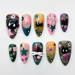 Goth Kawaii Press On Nails | Handmade Black Cat & Star Nail Art | Long Stiletto Glue On Nails | Alternative Aesthetic Gift for Her | JB913DC