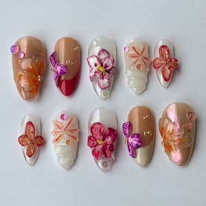 3D Dry Orchard Flower Press On Nail | Almond Nails | Custom Handpainted Acrylic Spring Fake/False Nail, Floral Nails | Dreamy Nails | JB178A