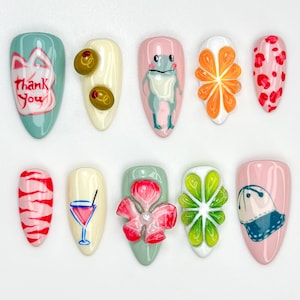 Summer Mixed Custome Press On Nails | Quirky Mix Match Art Nails | Kawaii Frog Cocktail Nail Set | Cute Groovy Summer Nails | JC814HC