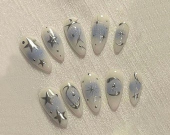 Y2k Nail Set with Sliver Motifs | Y2k-Inspired Press On Nails| Sliver and White Blue with Unique Star Designs | Gift For Her | J26